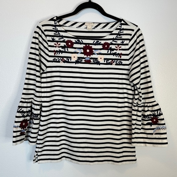 J Crew Women's White & Black Floral Long Bell Sleeve Striped Blouse Top Sz Small - Picture 1 of 5